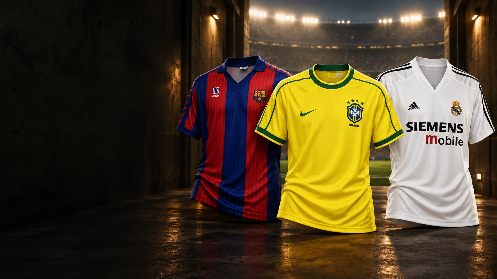 Campanha com Brasil 1998, Barcelona 1991/92 e Real Madrid 2004/05 em um estádio